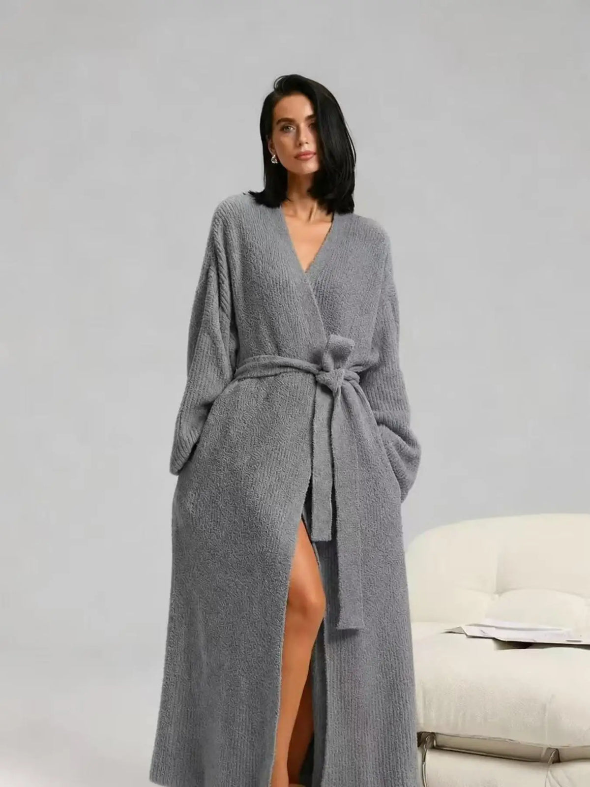 Peignoir Long Camille – Douceur Polaire – Gris
