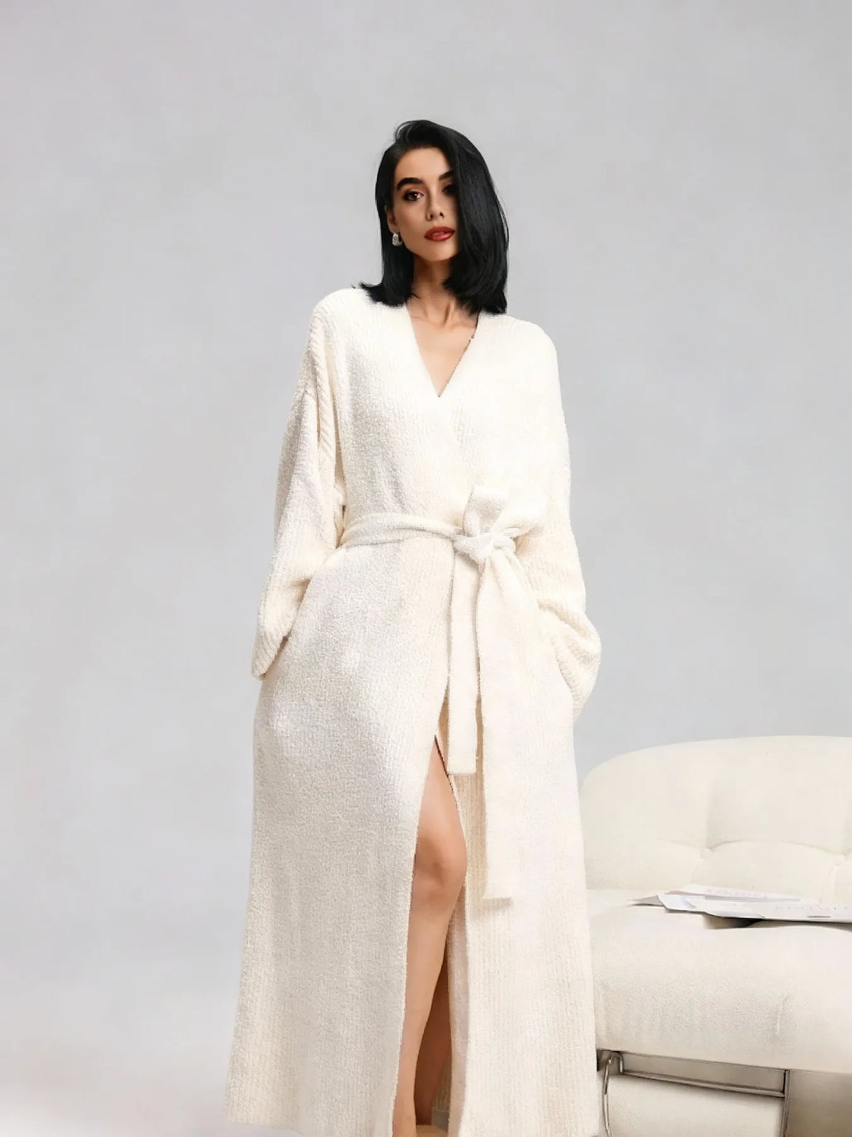 Peignoir Long Camille – Douceur Polaire – Blanc