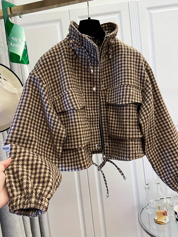 Veste Maëlys – Courte à Motif Pied-de-Poule – Marron