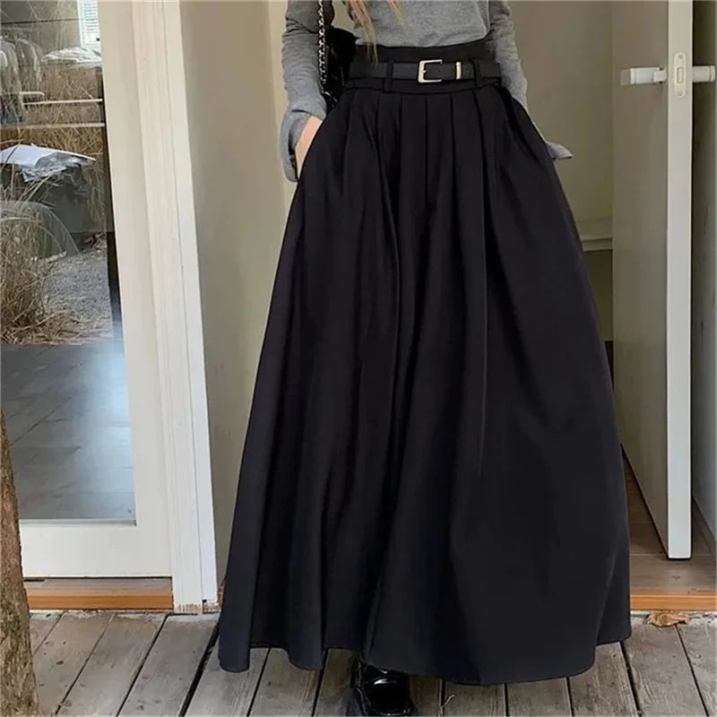 Jupe Longue Plissée Solène – Taille Haute – Noir